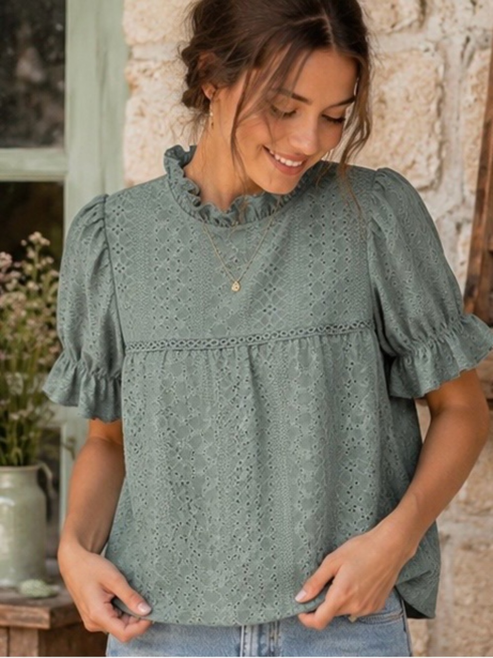 ELINGS Sage Green Cottagecore Lace Textured Blouse | Ruffle Neck Puff Sleeve | S